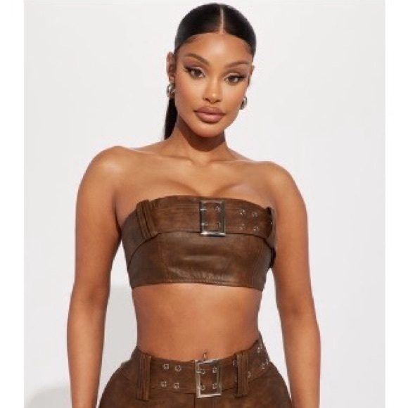 Fashion Nova Janisa Faux Leather Bantu Tube Top Brown - Picture 10 of 12